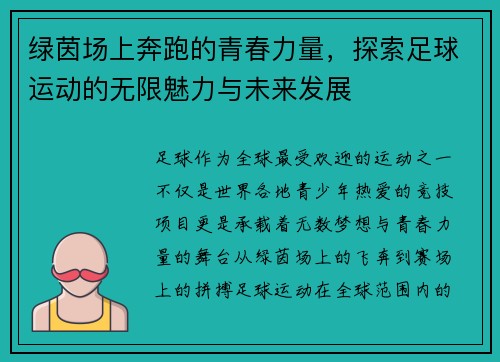 绿茵场上奔跑的青春力量，探索足球运动的无限魅力与未来发展